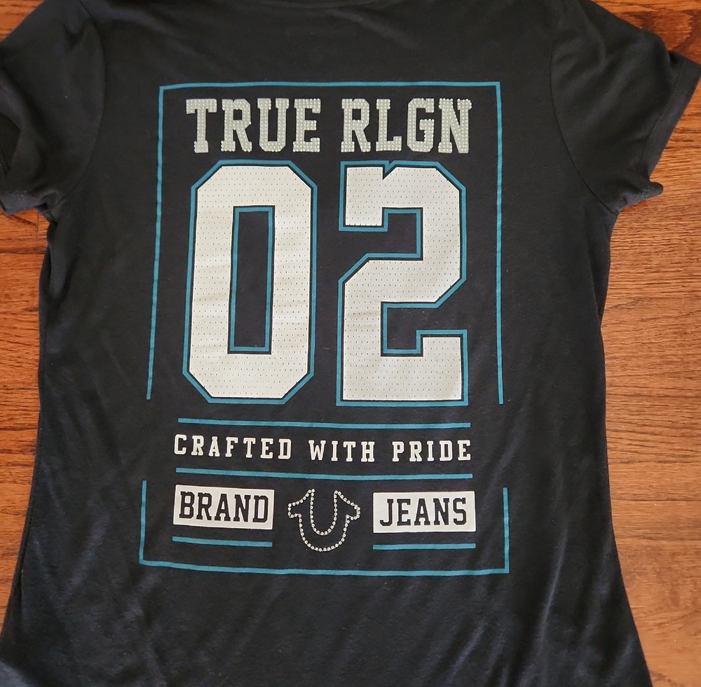 True Religion Black Short Sleeve Graphic Tee with White and Teal Print